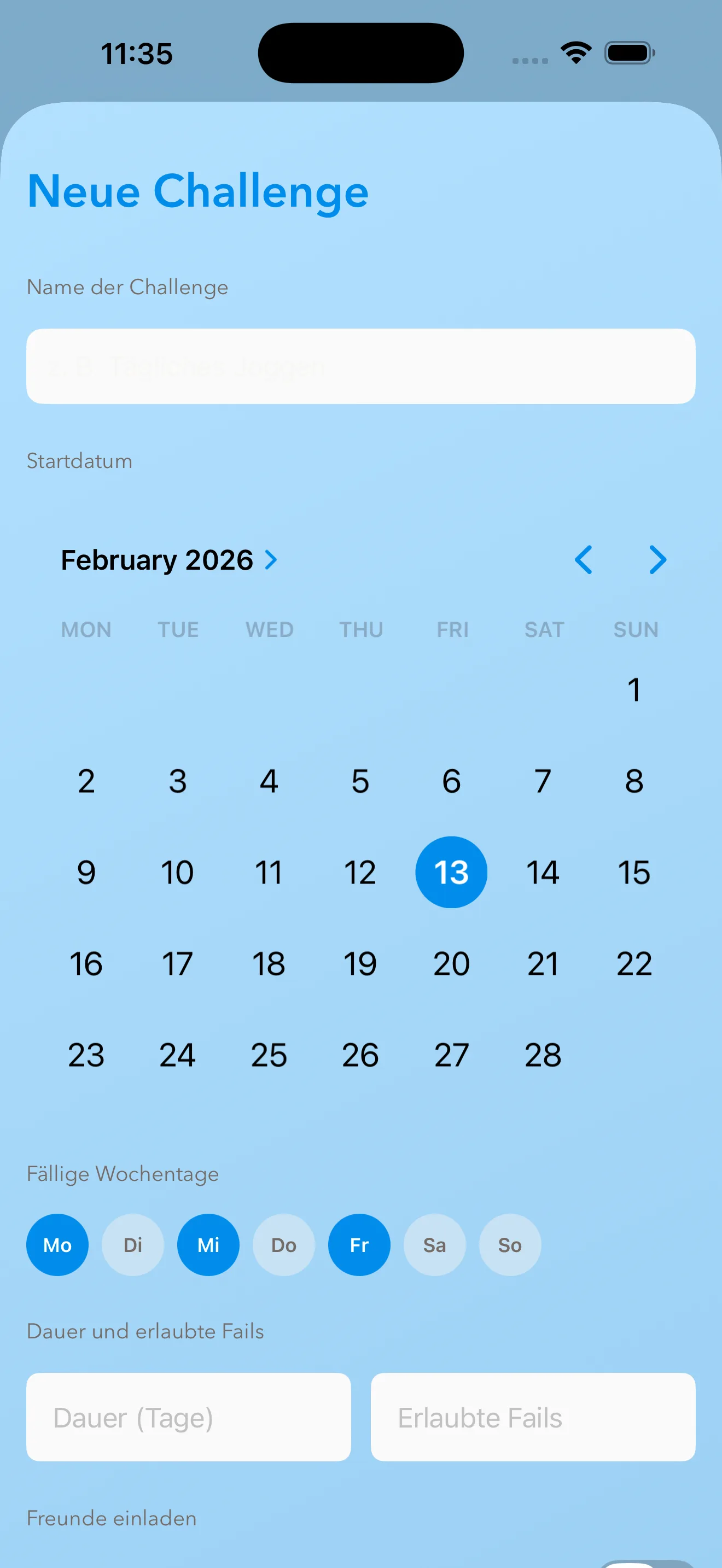 Challenge erstellen — Formular in der App
